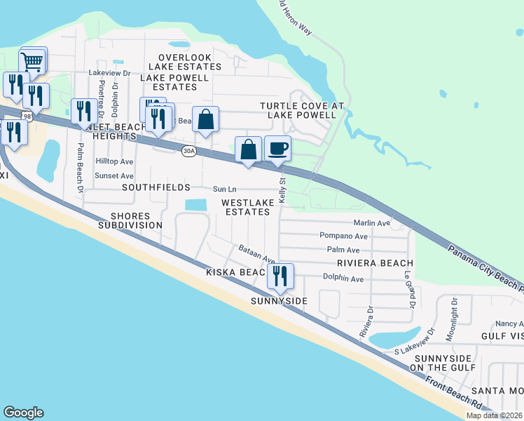 map of restaurants, bars, coffee shops, grocery stores, and more near 21921 Sunnyside Lane in Panama City Beach