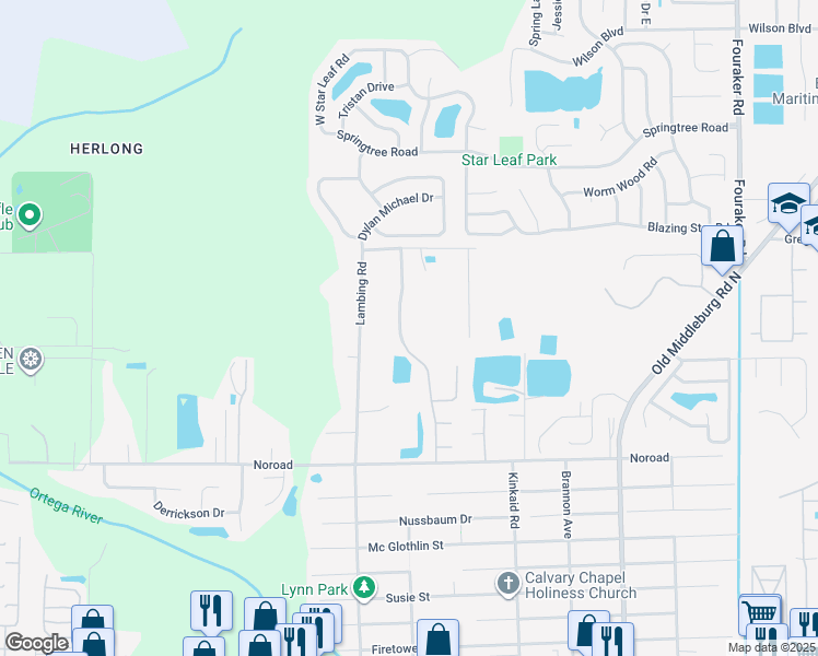 map of restaurants, bars, coffee shops, grocery stores, and more near 4561 Glendas Meadow Drive in Jacksonville