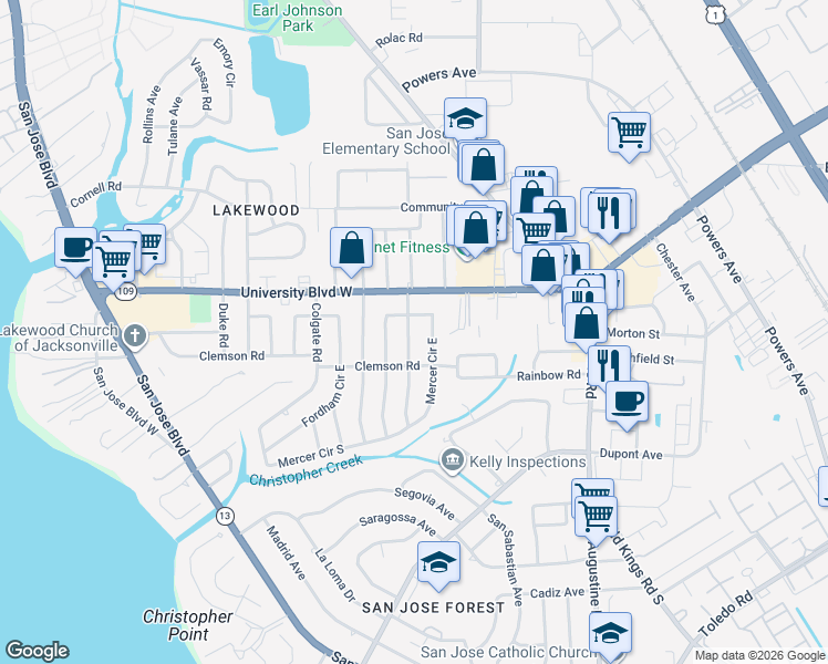 map of restaurants, bars, coffee shops, grocery stores, and more near 6123 Suwanee Road in Jacksonville