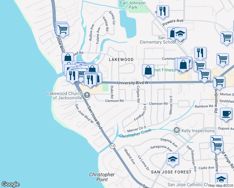 map of restaurants, bars, coffee shops, grocery stores, and more near 6125 Stetson Road in Jacksonville