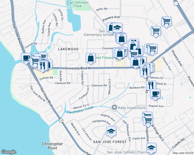 map of restaurants, bars, coffee shops, grocery stores, and more near 6154 Mercer Circle West in Jacksonville