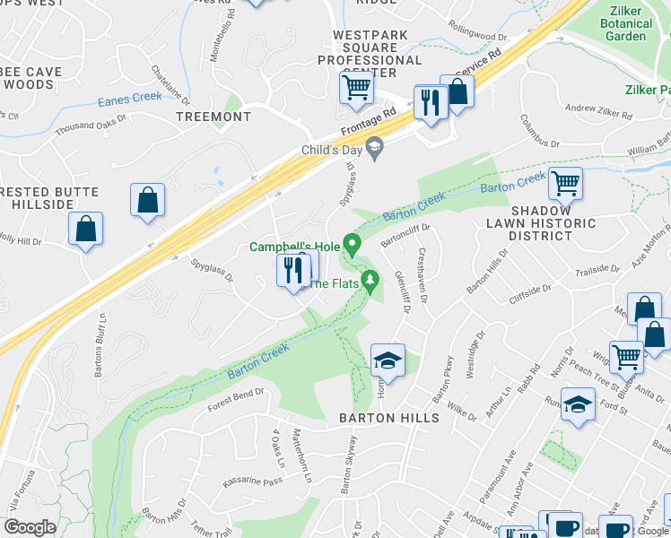 map of restaurants, bars, coffee shops, grocery stores, and more near 1407 Spyglass Drive in Austin