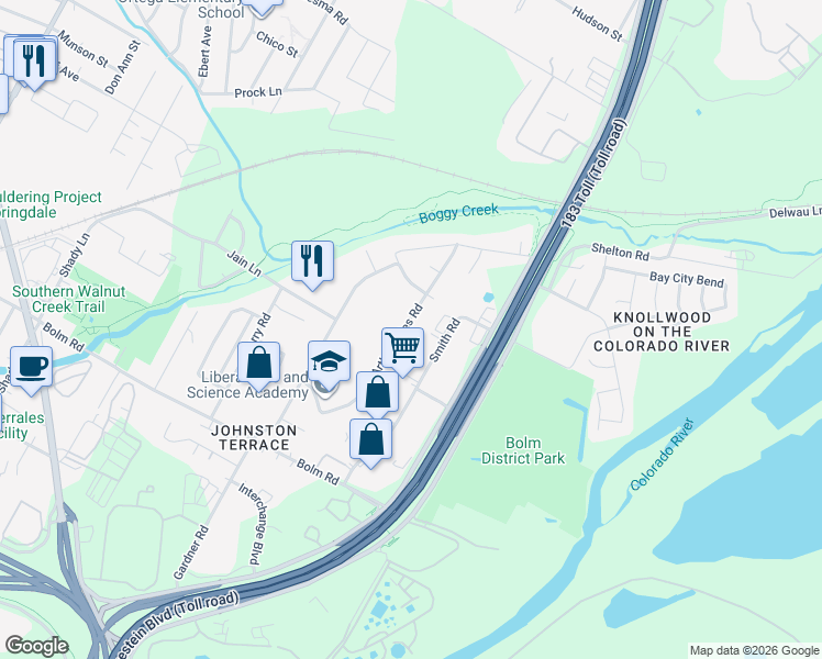 map of restaurants, bars, coffee shops, grocery stores, and more near 1113 Arthur Stiles Road in Austin