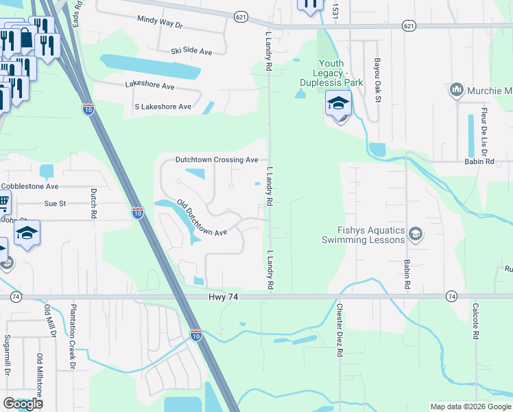 map of restaurants, bars, coffee shops, grocery stores, and more near 13160 Old Dutchtown Avenue in Gonzales