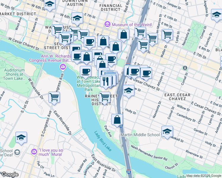 map of restaurants, bars, coffee shops, grocery stores, and more near 85 Rainey Street in Austin