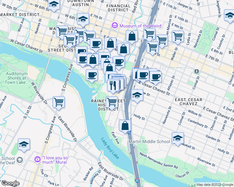 map of restaurants, bars, coffee shops, grocery stores, and more near 85 1/2 Rainey Street in Austin