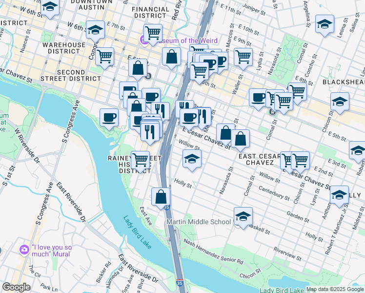 map of restaurants, bars, coffee shops, grocery stores, and more near 909 Willow Street in Austin