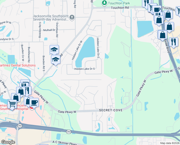 map of restaurants, bars, coffee shops, grocery stores, and more near 8339 Compass Rose Drive South in Jacksonville
