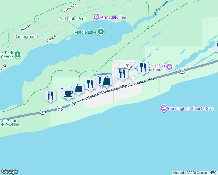 map of restaurants, bars, coffee shops, grocery stores, and more near 23175 Perdido Beach Boulevard in Orange Beach