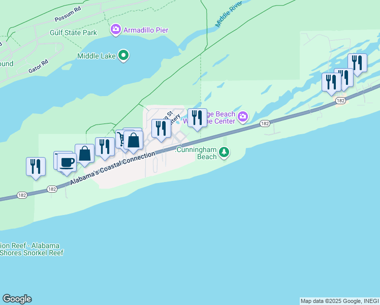map of restaurants, bars, coffee shops, grocery stores, and more near 23450 Alabama 182 in Orange Beach