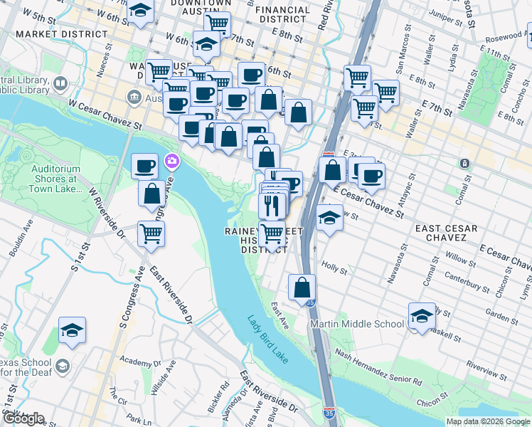 map of restaurants, bars, coffee shops, grocery stores, and more near 80 1/2 Red River Street in Austin