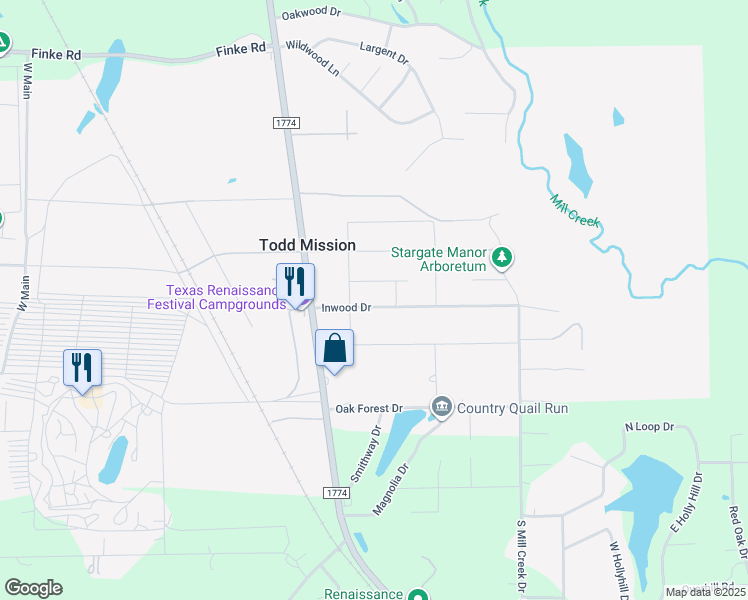 map of restaurants, bars, coffee shops, grocery stores, and more near 41318 Inwood Drive in Plantersville