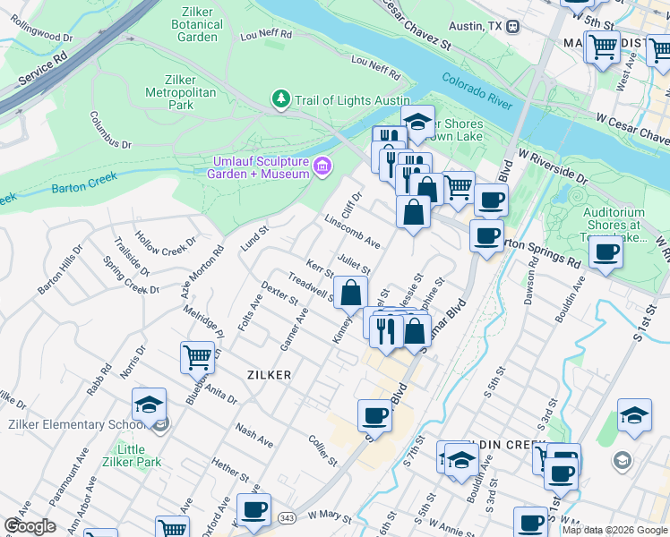 map of restaurants, bars, coffee shops, grocery stores, and more near 807 Garner Ave in Austin