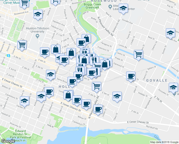 map of restaurants, bars, coffee shops, grocery stores, and more near 2602 Hidalgo Street in Austin