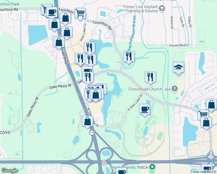 map of restaurants, bars, coffee shops, grocery stores, and more near 4803 West Deer Lake Drive in Jacksonville