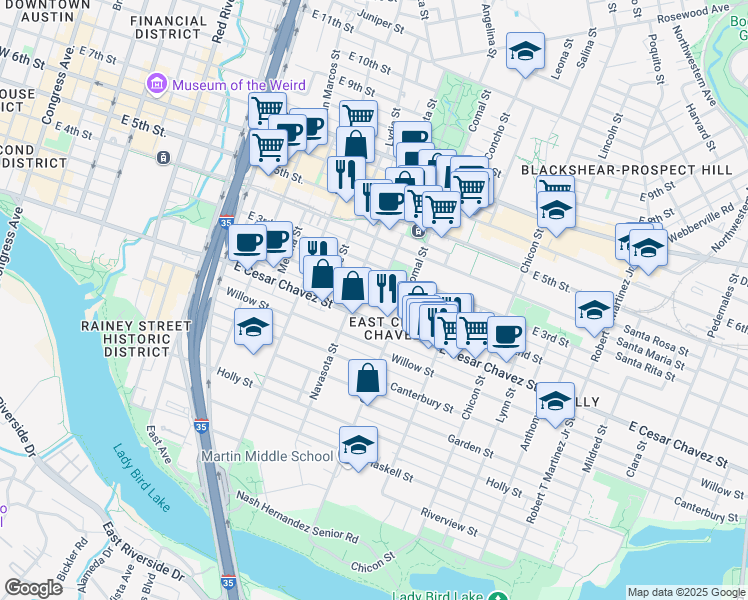 map of restaurants, bars, coffee shops, grocery stores, and more near 1411 East 2nd Street in Austin