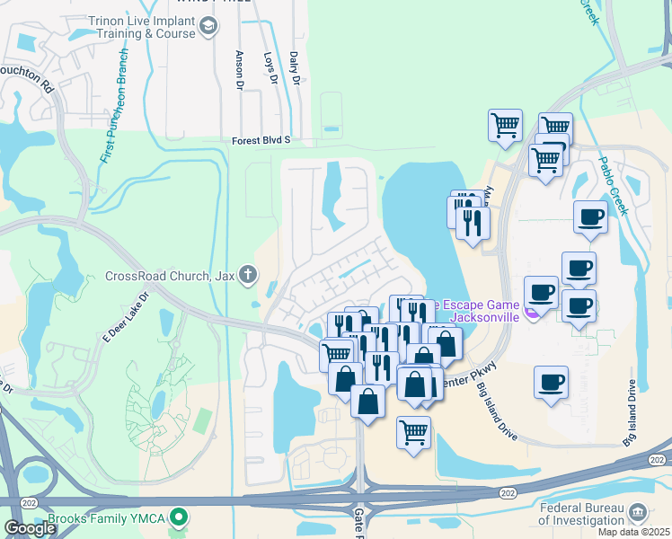 map of restaurants, bars, coffee shops, grocery stores, and more near 10075 Gate Parkway North in Jacksonville