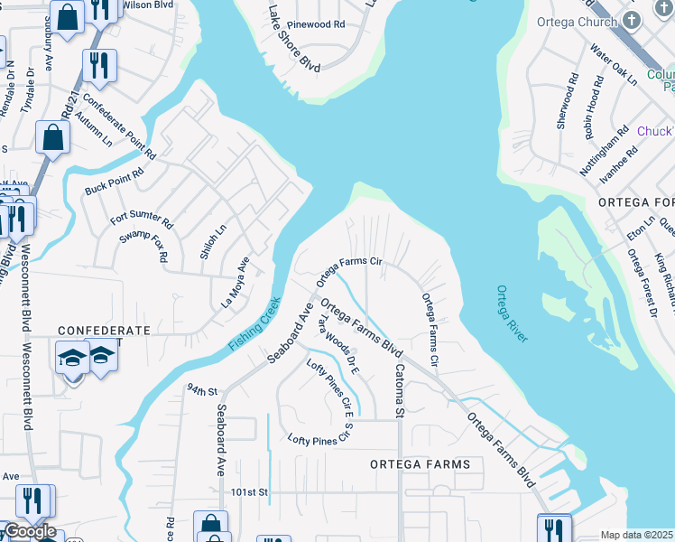 map of restaurants, bars, coffee shops, grocery stores, and more near 4324 Ortega Farms Circle in Jacksonville