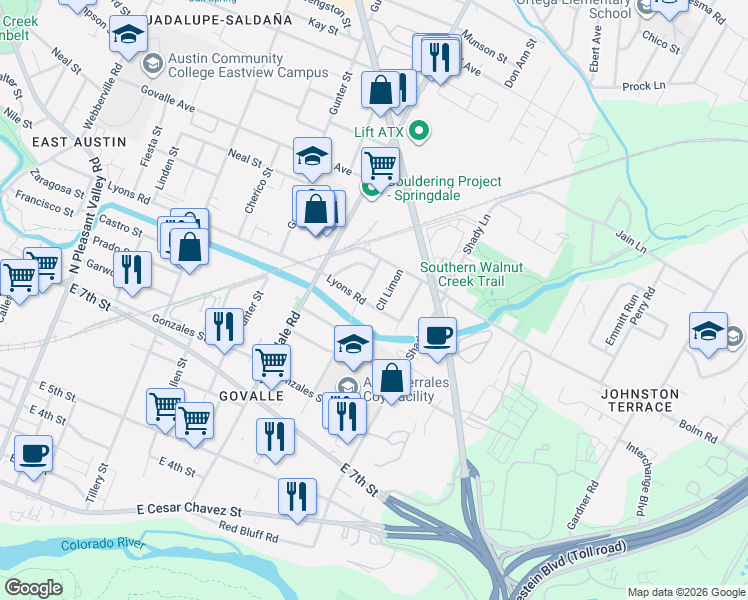 map of restaurants, bars, coffee shops, grocery stores, and more near 4806 Lyons Road in Austin