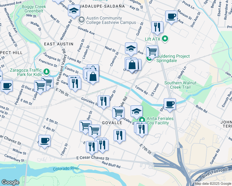 map of restaurants, bars, coffee shops, grocery stores, and more near 819 Gunter Street in Austin
