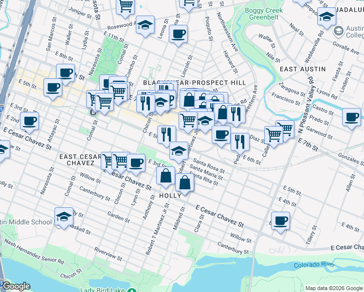 map of restaurants, bars, coffee shops, grocery stores, and more near 417 Robert T Martinez Junior Street in Austin