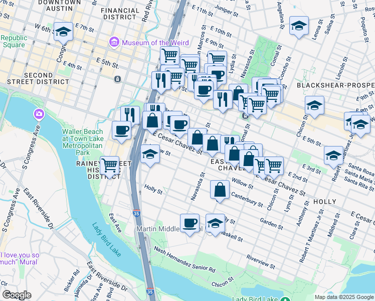 map of restaurants, bars, coffee shops, grocery stores, and more near in Austin