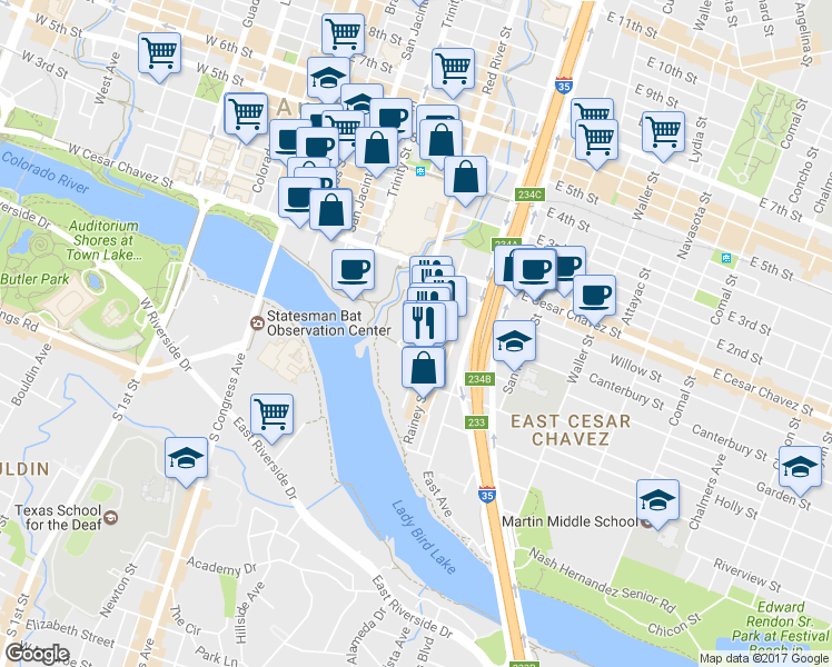 map of restaurants, bars, coffee shops, grocery stores, and more near 80 1/2 Red River Street in Austin