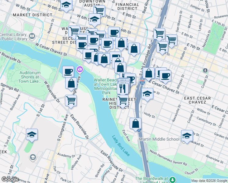 map of restaurants, bars, coffee shops, grocery stores, and more near 80 1/2 Red River Street in Austin