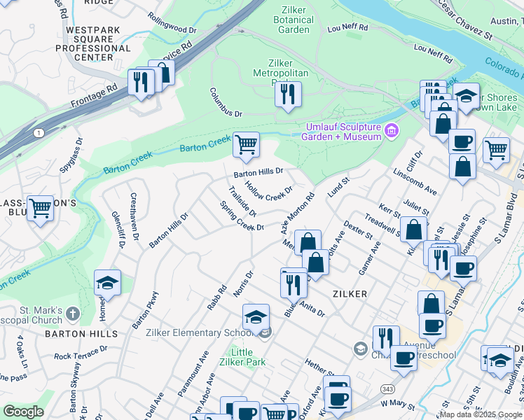 map of restaurants, bars, coffee shops, grocery stores, and more near 2302 Trailside Drive in Austin