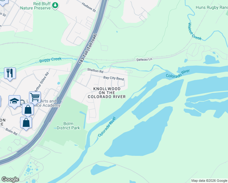 map of restaurants, bars, coffee shops, grocery stores, and more near 7120 Bay City Bend in Austin