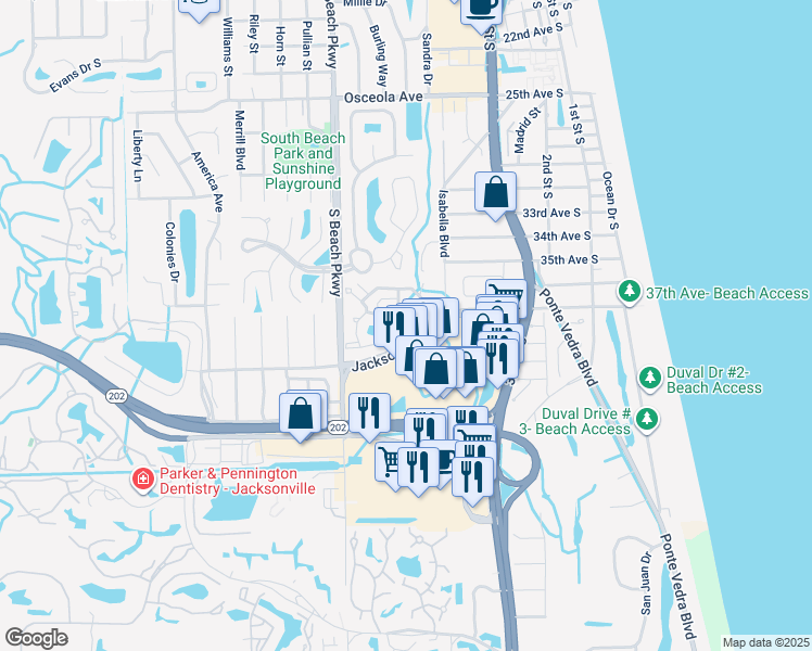 map of restaurants, bars, coffee shops, grocery stores, and more near 3709 Marathon Key in Jacksonville Beach