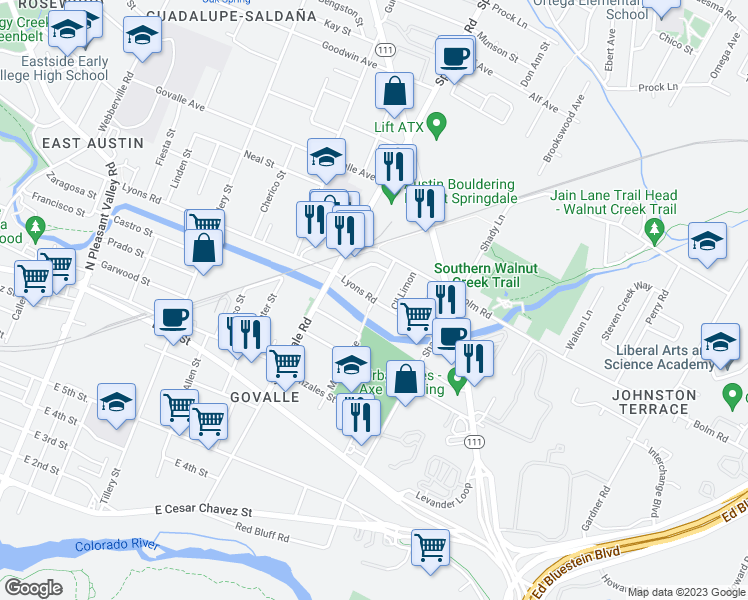 map of restaurants, bars, coffee shops, grocery stores, and more near 4806 Lyons Road in Austin