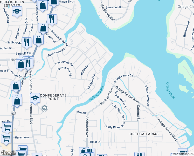 map of restaurants, bars, coffee shops, grocery stores, and more near 5400 La Moya Avenue in Jacksonville