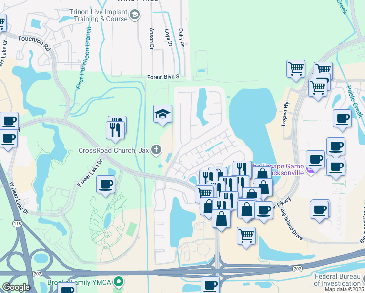 map of restaurants, bars, coffee shops, grocery stores, and more near Shiloh Mill Boulevard in Jacksonville