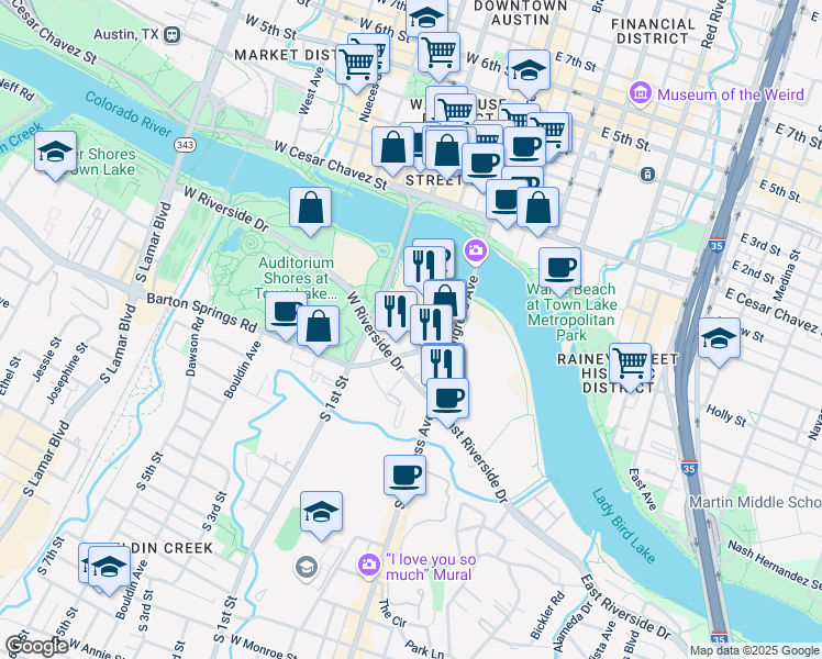 map of restaurants, bars, coffee shops, grocery stores, and more near 214 Barton Springs Road in Austin