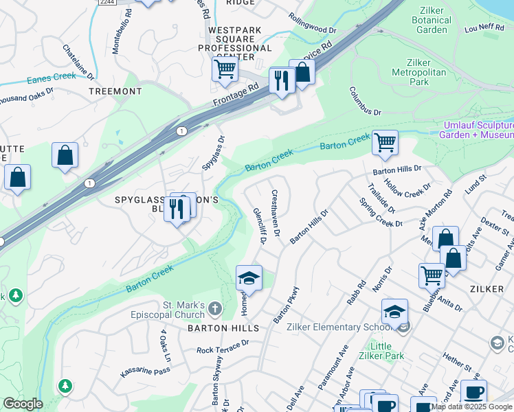 map of restaurants, bars, coffee shops, grocery stores, and more near 1801 Glencliff Drive in Austin
