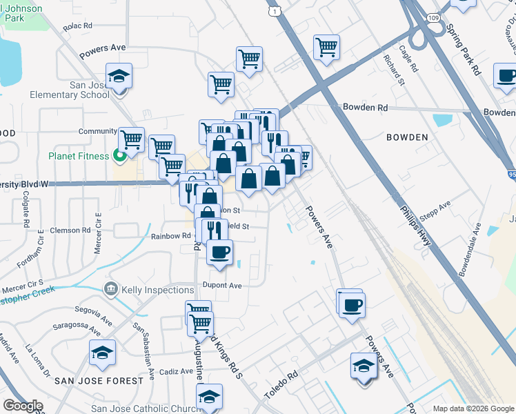 map of restaurants, bars, coffee shops, grocery stores, and more near 3693 Morton Street in Jacksonville