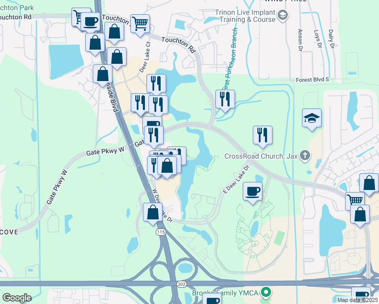 map of restaurants, bars, coffee shops, grocery stores, and more near 4803 West Deer Lake Drive in Jacksonville