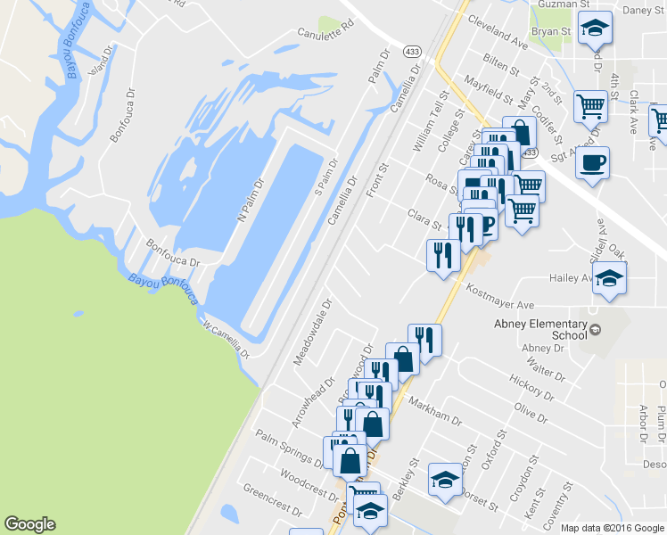 map of restaurants, bars, coffee shops, grocery stores, and more near 3554 Front Street in Slidell