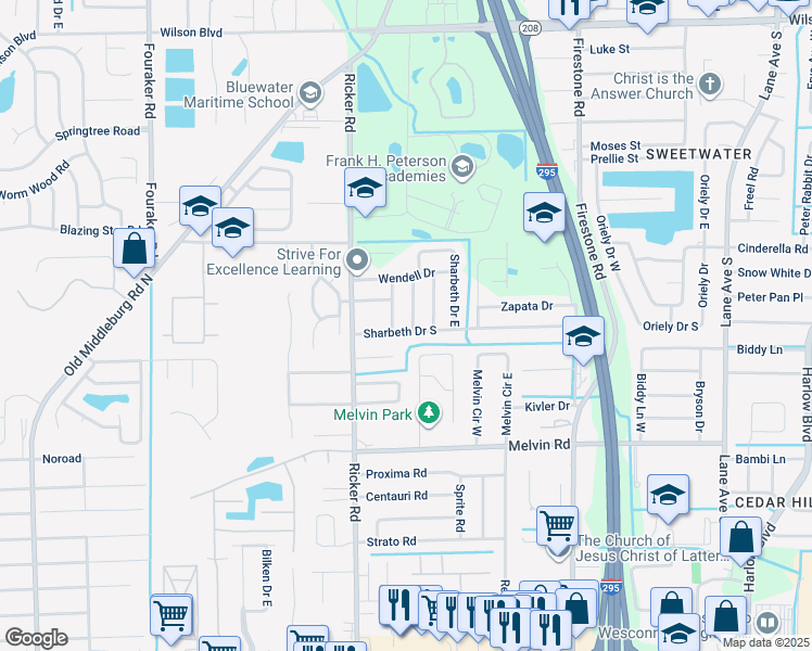 map of restaurants, bars, coffee shops, grocery stores, and more near 7513 Sharbeth Drive South in Jacksonville