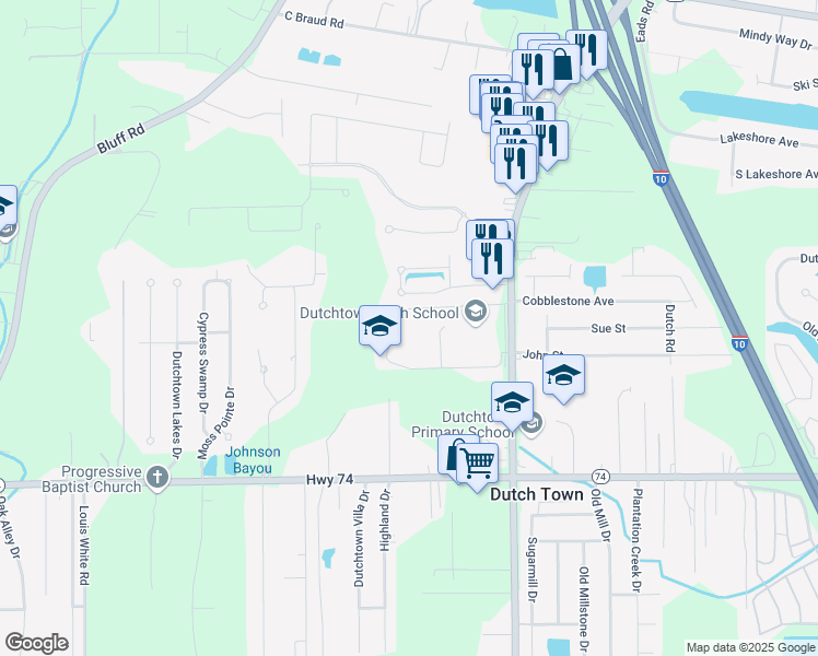 map of restaurants, bars, coffee shops, grocery stores, and more near 13165 Louisiana 73 in Geismar