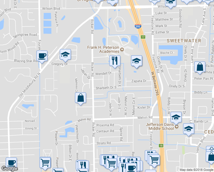 map of restaurants, bars, coffee shops, grocery stores, and more near 7513 Sharbeth Drive South in Jacksonville