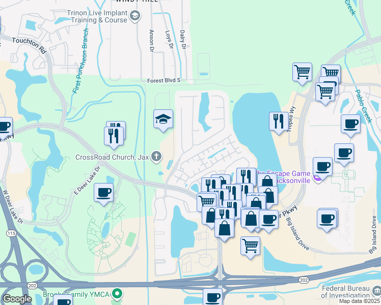 map of restaurants, bars, coffee shops, grocery stores, and more near 4663 Shiloh Mill Boulevard in Jacksonville