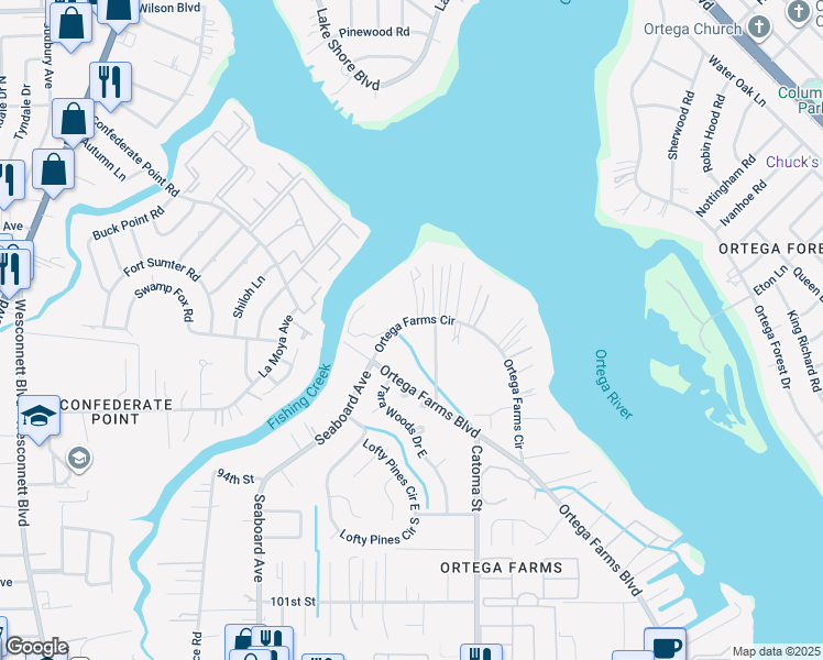 map of restaurants, bars, coffee shops, grocery stores, and more near 4324 Ortega Farms Circle in Jacksonville