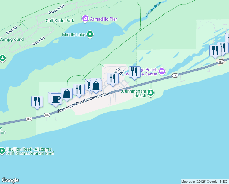 map of restaurants, bars, coffee shops, grocery stores, and more near 23312 Perdido Beach Boulevard in Orange Beach
