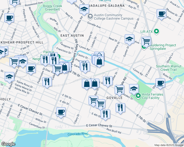 map of restaurants, bars, coffee shops, grocery stores, and more near 3119 Garwood Street in Austin