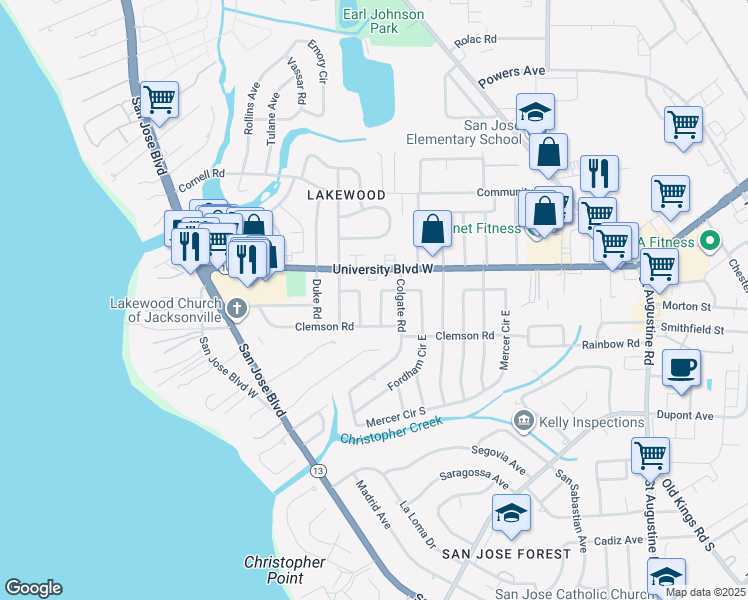 map of restaurants, bars, coffee shops, grocery stores, and more near 6163 Fordham Circle West in Jacksonville