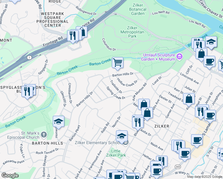 map of restaurants, bars, coffee shops, grocery stores, and more near 2406 Spring Creek Drive in Austin
