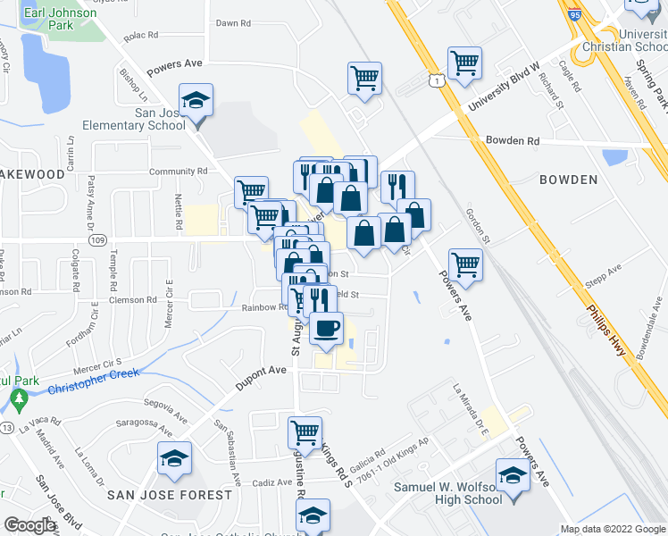 map of restaurants, bars, coffee shops, grocery stores, and more near 3606 Morton Street in Jacksonville
