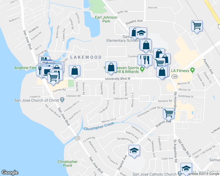 map of restaurants, bars, coffee shops, grocery stores, and more near 6154 Fordham Circle East in Jacksonville